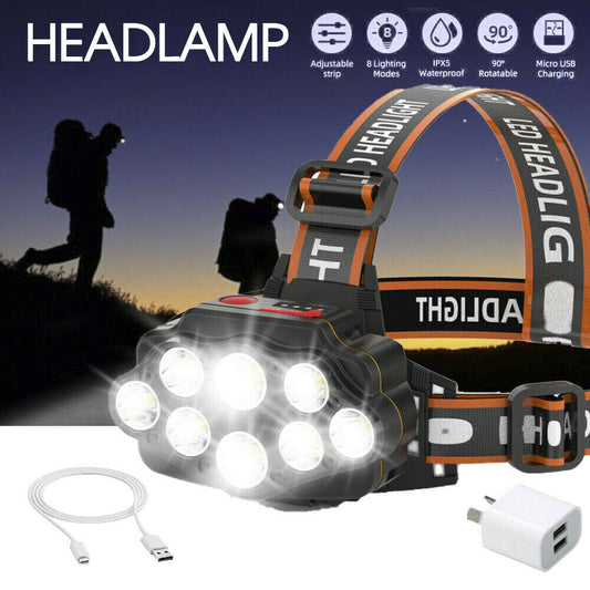 1X USB RECHARGEABLE HEAD LIGHT 8 LED HEADLIGHT HEAD LAMP WATERPROOF HEAD TORCH