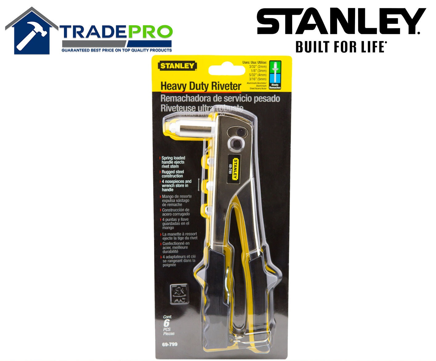 Rivet Gun Stanley Heavy Duty Genuine PRO 6PC Kit 1/8 3/32 5/32 3/16 Pop 2221430