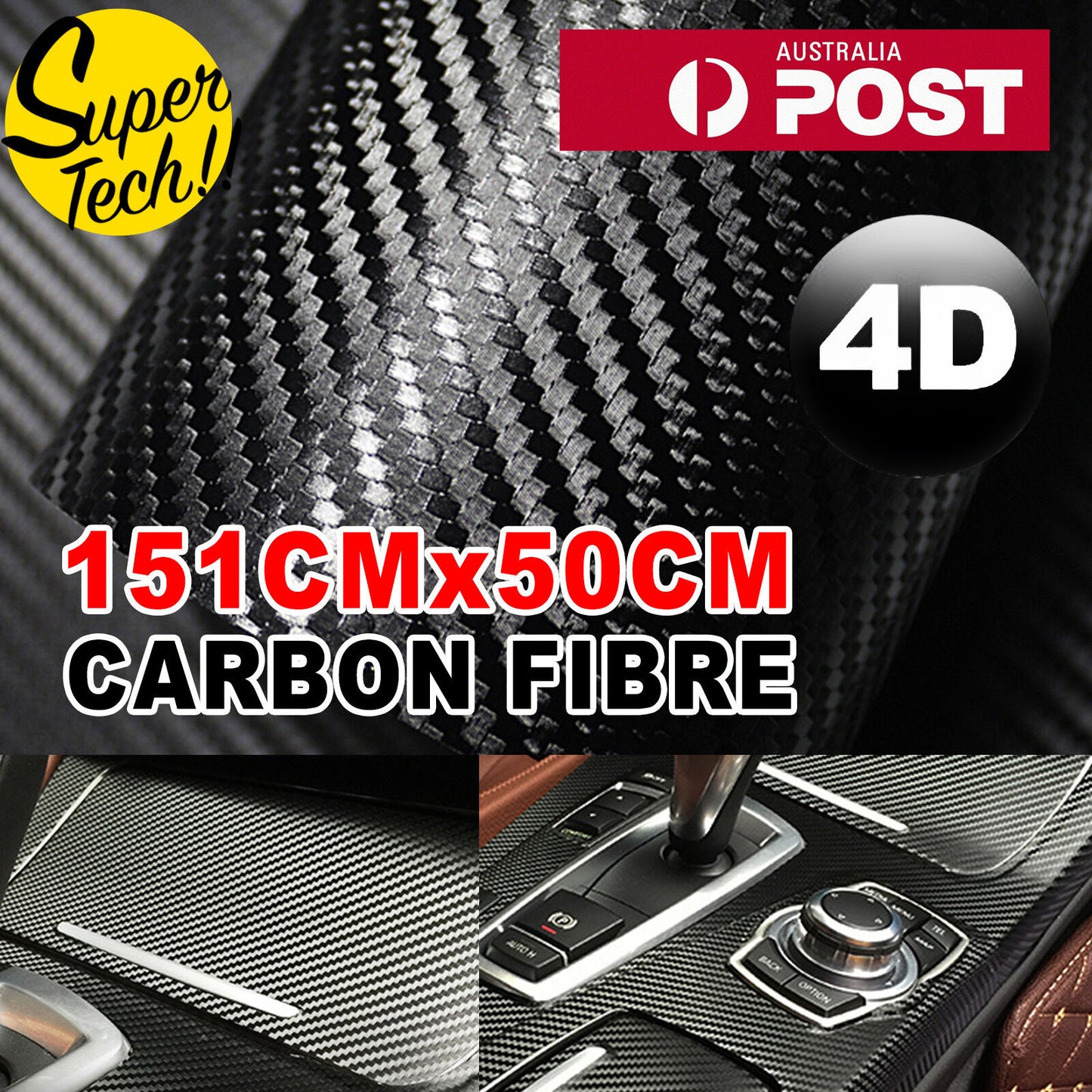 50cm x1.51M 4D Gloss Black Carbon Fibre Fiber Vinyl Car Wrap Air Release Film OZ