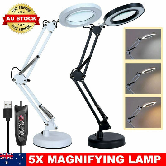 Magnifying Glass with LED Light 5X Magnifier Crafts Reading Desk Stand Lamp USB