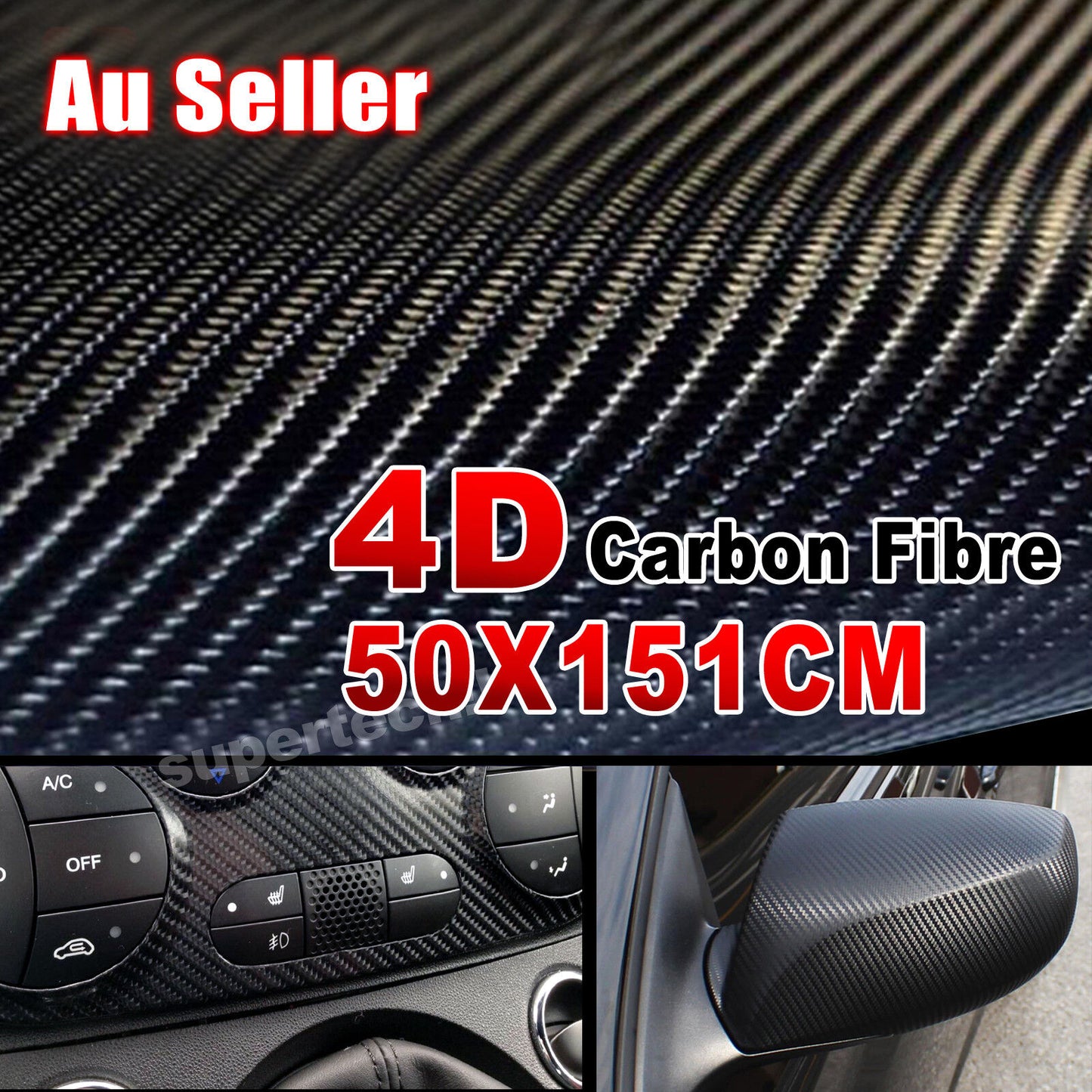 50cm x1.51M 4D Gloss Black Carbon Fibre Fiber Vinyl Car Wrap Air Release Film OZ