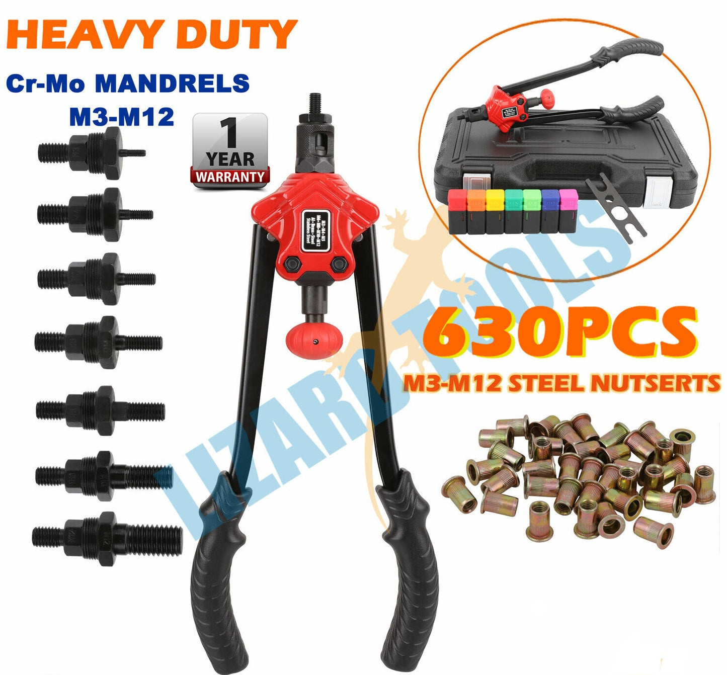 630Pcs Nut Gun Nutsert Tool Rivets M3-12 Mandrels Thread Riveting Rivnut Riveter