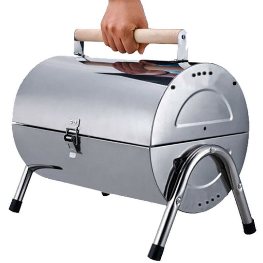 PORTABLE STAINLESS STEEL BARREL CHARCOAL GRILL BBQ WOOD BARBECUE OUTDOOR CAMPING