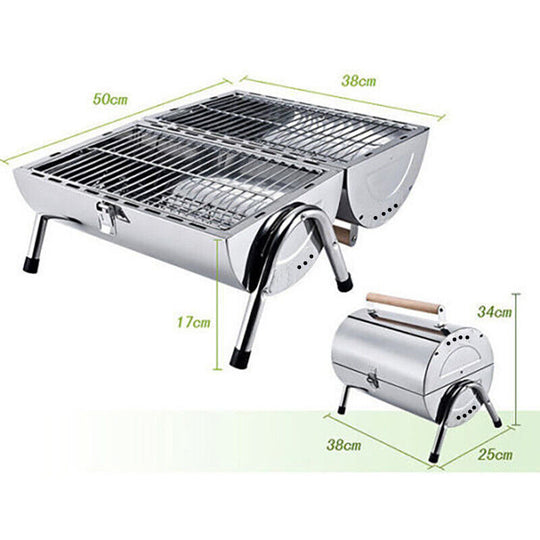 PORTABLE STAINLESS STEEL BARREL CHARCOAL GRILL BBQ WOOD BARBECUE OUTDOOR CAMPING