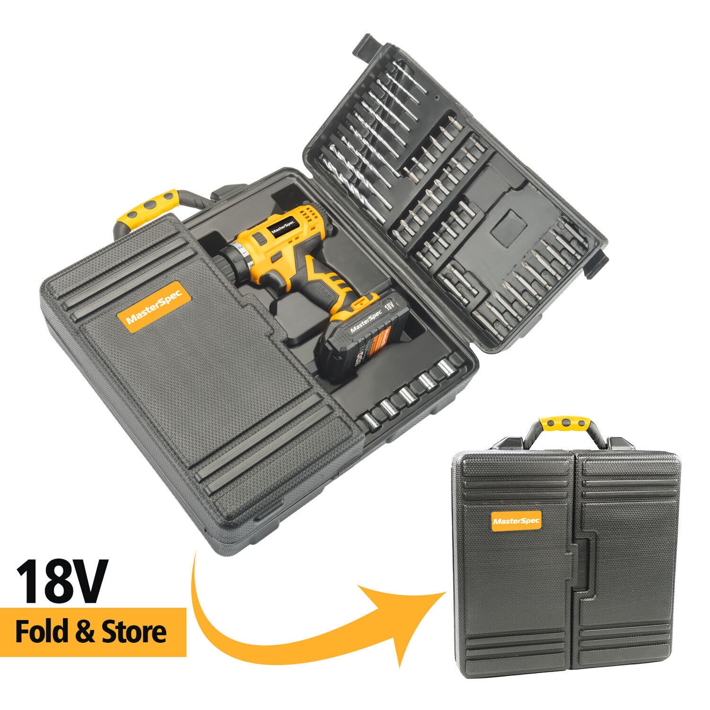 MasterSpec 92 PC Power Tool Kit 18V Cordless Hammer Drill Screw Flap Bits