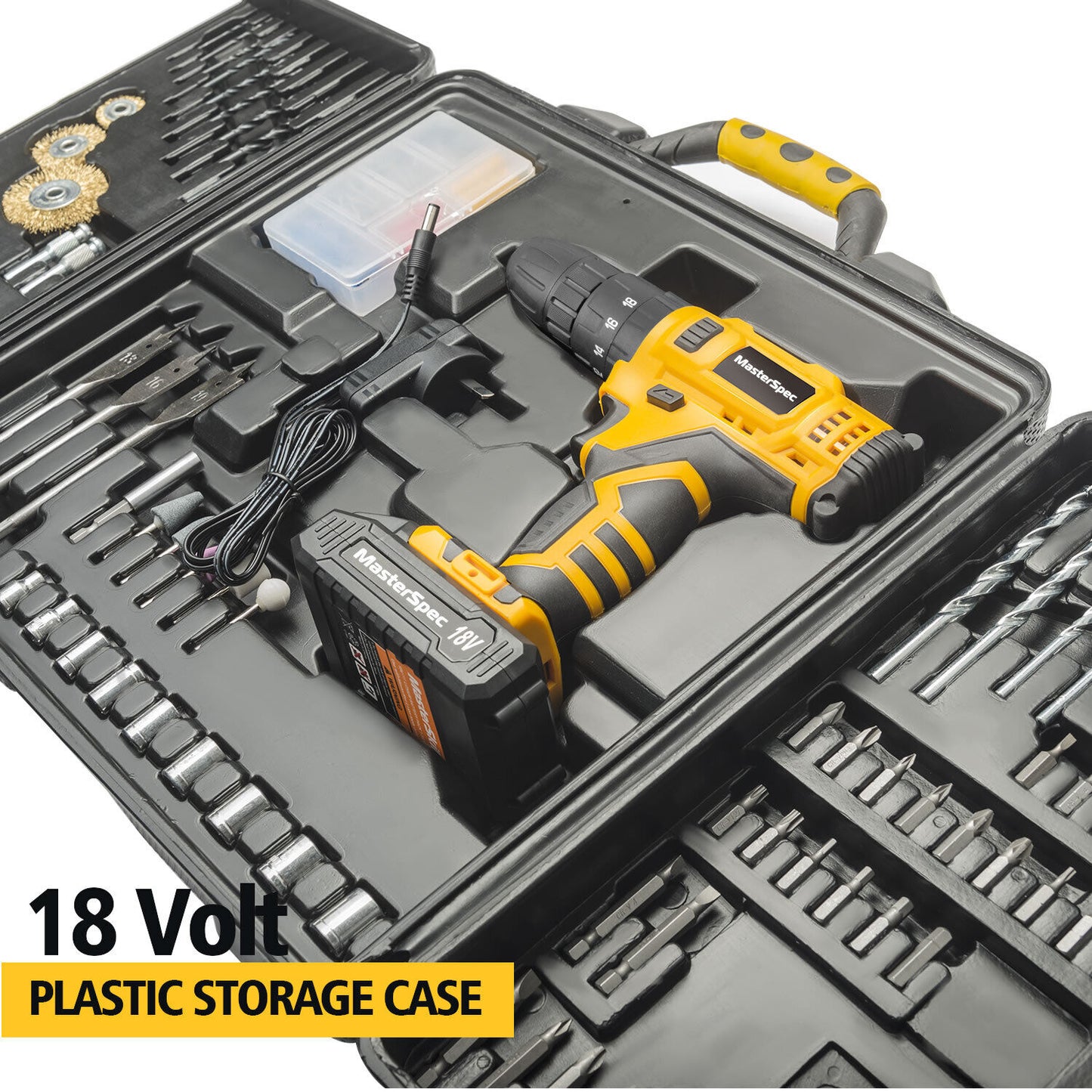 MasterSpec 92 PC Power Tool Kit 18V Cordless Hammer Drill Screw Flap Bits