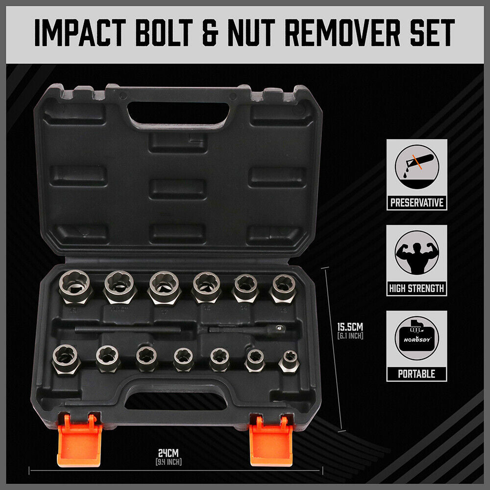 15-Piece Impact Damaged Bolt Nut Screw Remover Tool Socket Threading Extractor