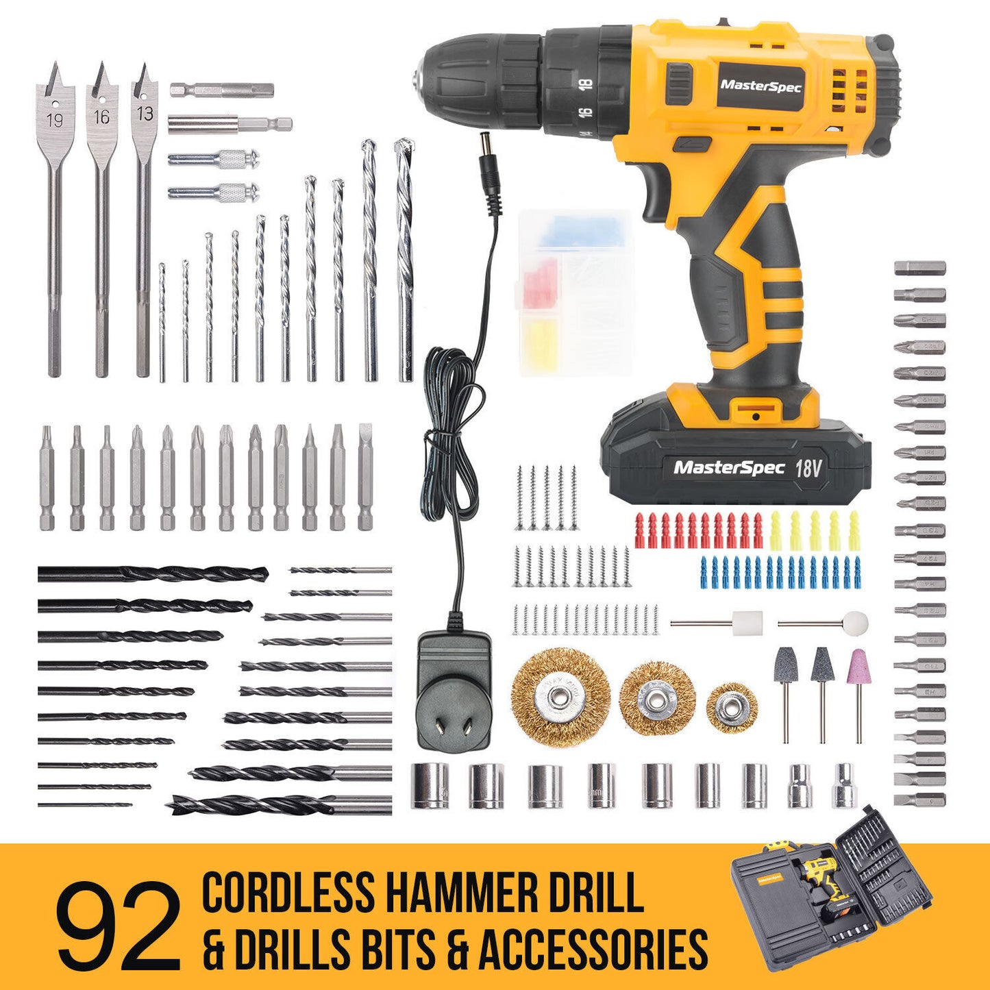 MasterSpec 92 PC Power Tool Kit 18V Cordless Hammer Drill Screw Flap Bits