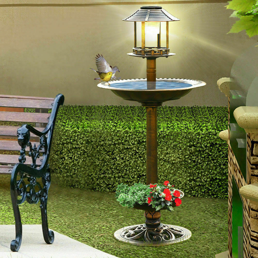 Bird Bath Feeder Feeding Food Station Solar Light Outdoor Garden Summer