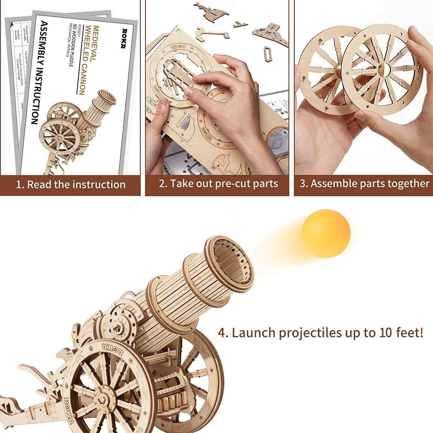 ROKR 3D Wooden Puzzles DIY Building Model Kits-Wheeled Siege Artillery Xmas Gift