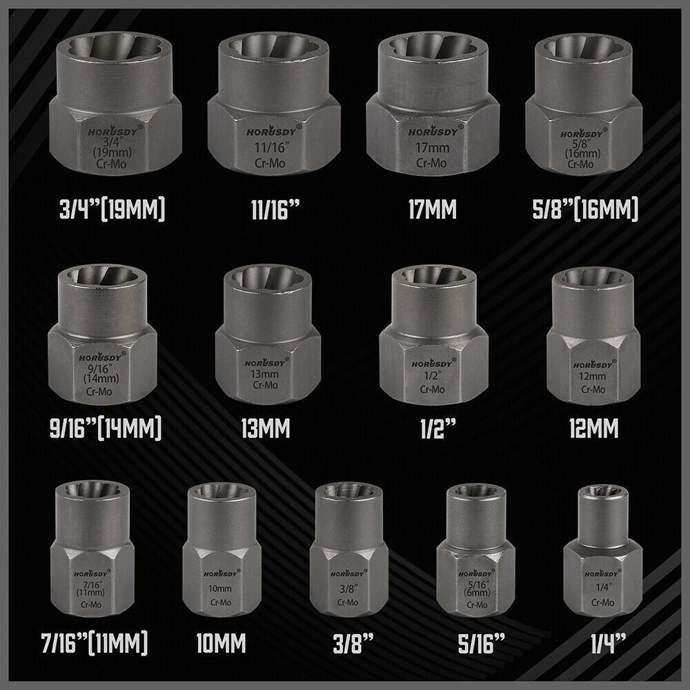 15-Piece Impact Damaged Bolt Nut Screw Remover Tool Socket Threading Extractor