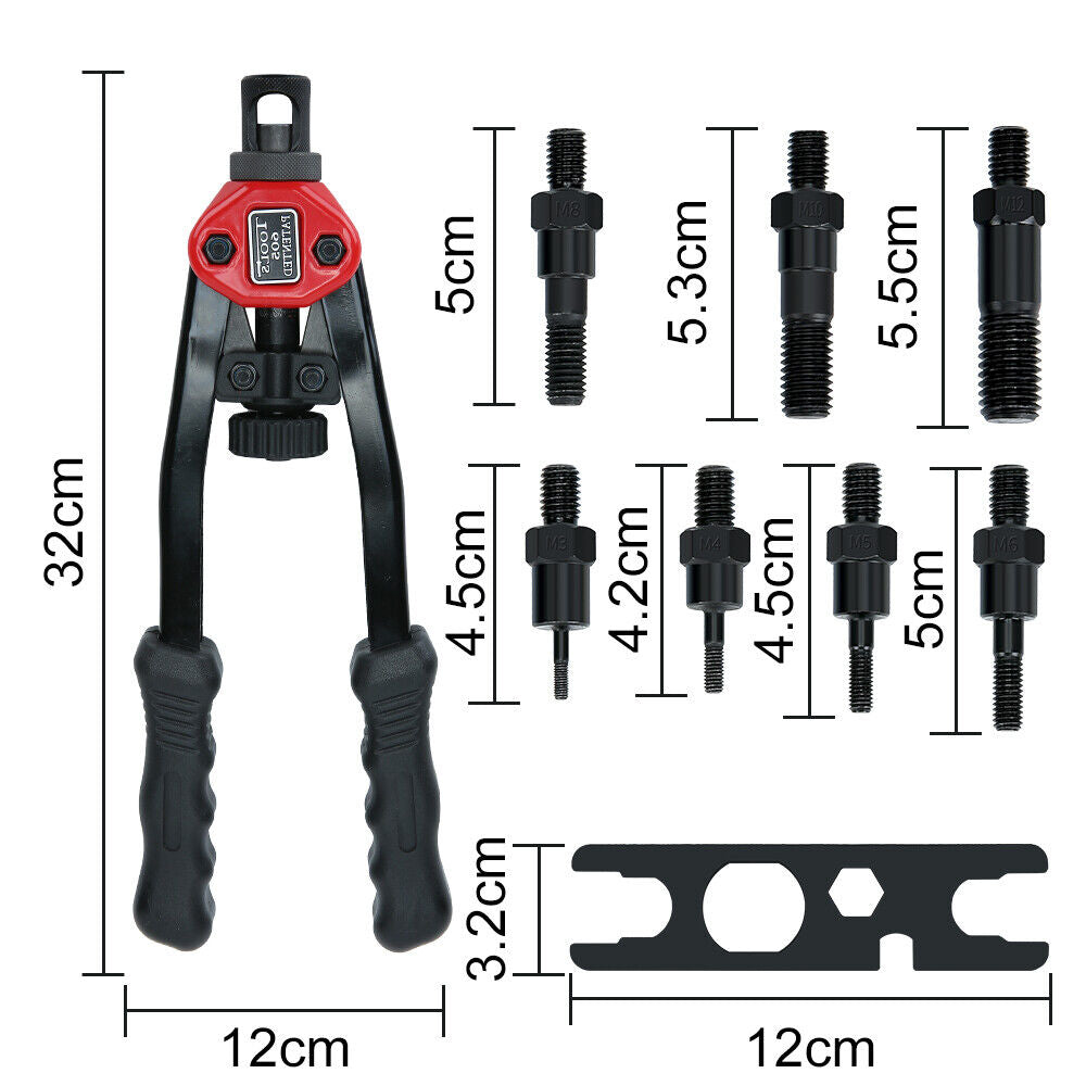 Rivet Nut Nutserts Gun Riveting Rivnut Riveter Mandrels Tool Kit M3-M12