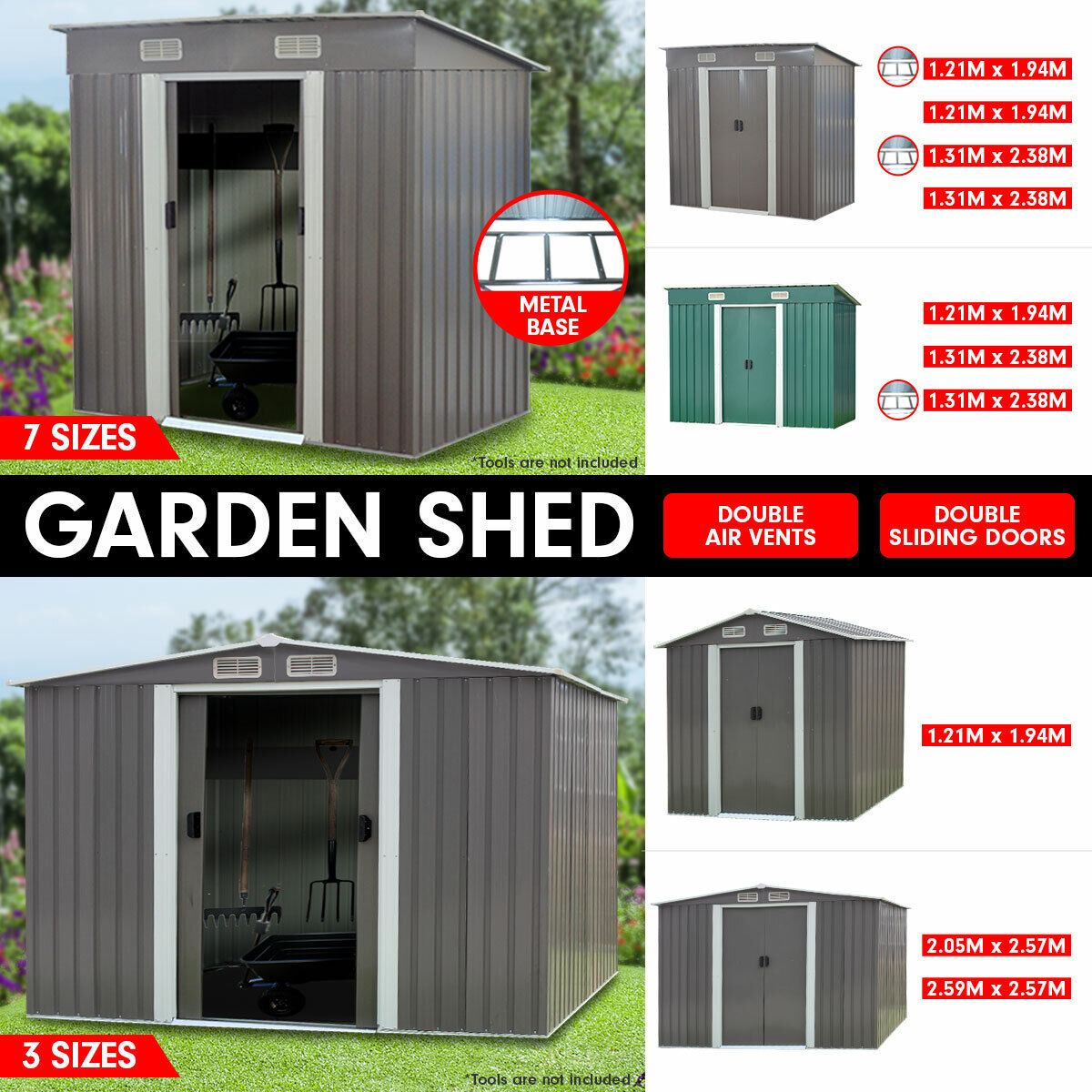 Garden Sheds Tool Storage Outdoor Workshop Shelter Metal Base Flat Spire Roof