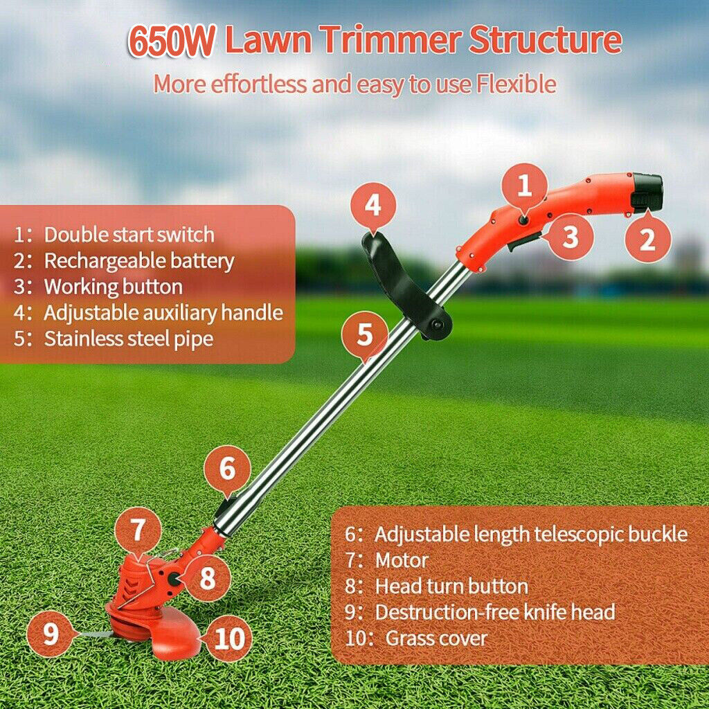 12V Cordless Grass Weed Lawn Trimmer Whipper Snipper Brush Cutter +2 Battery Set