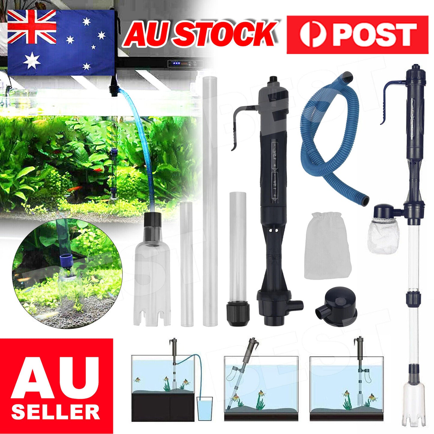 Fish Tank Cleaner Battery Syphon Change Pump Water Filter Aquarium Vacuum Gravel