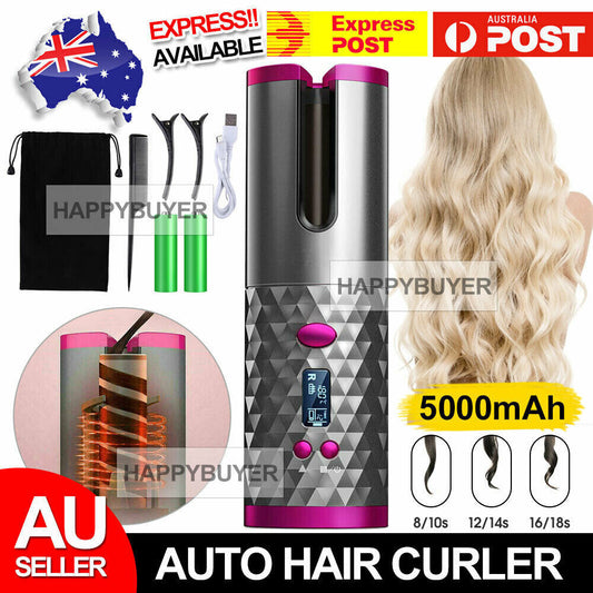 Auto Cordless Rotating Hair Curler Hair Waver Curling Iron Wireless LCD Ceramic