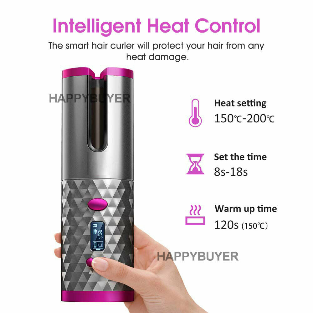 Auto Cordless Rotating Hair Curler Hair Waver Curling Iron Wireless LCD Ceramic