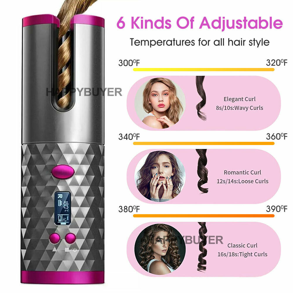 Auto Cordless Rotating Hair Curler Hair Waver Curling Iron Wireless LCD Ceramic