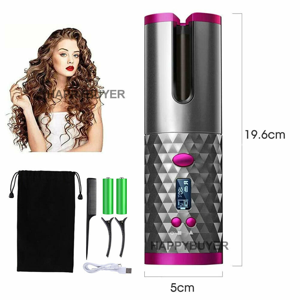 Auto Cordless Rotating Hair Curler Hair Waver Curling Iron Wireless LCD Ceramic