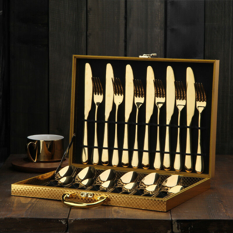 16/24 PIECE KITCHEN CUTLERY SET 410 STAINLESS STEEL GOLD KNIFE FORK SPOON