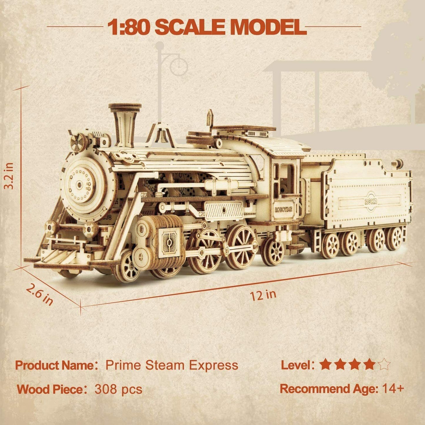 ROKR Laser Cut Train Model Kits 3D Wooden Puzzle 308pcs Toy for Teens Kids Adult