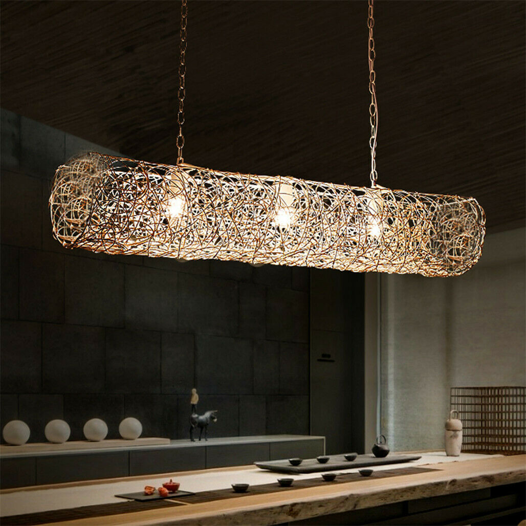 LED HAND-WOVEN RATTAN PENDANT CEILING LIGHT HANGING LAMP RESTAURANT LIVING ROOM