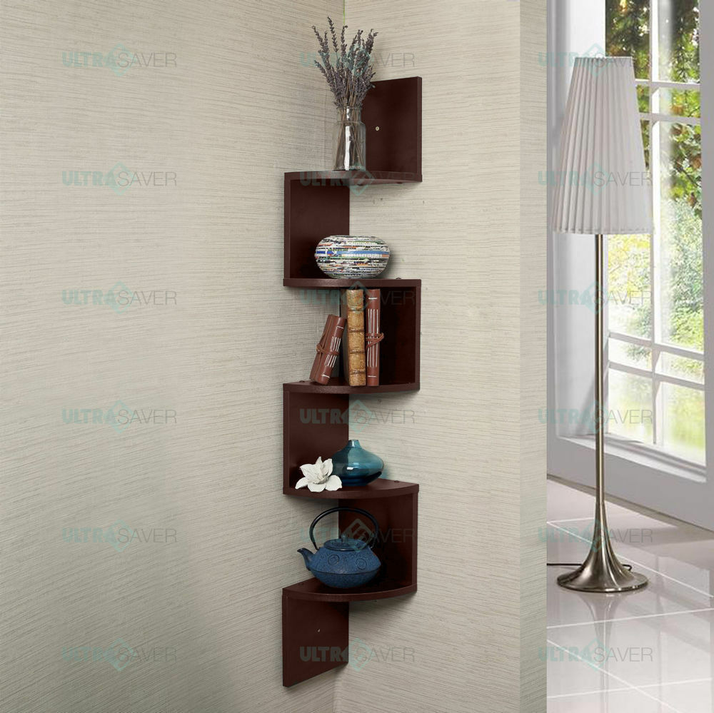 5 Tier Large Corner Shelf Wall Mount Zig Zag DVD CD Storage Home Display Decor