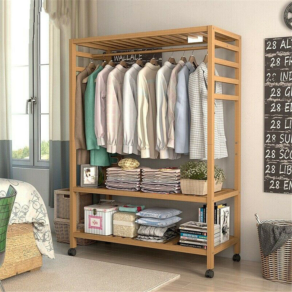 Strong Wooden Clothes Rail Scarf Cart Hanging Garment Coat Rack Rolling Stand