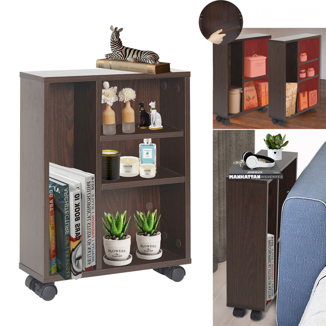 Adjustable Tier Narrow Solid Wood Rolling Cabinet Storage Cart Kitchen Bathroom