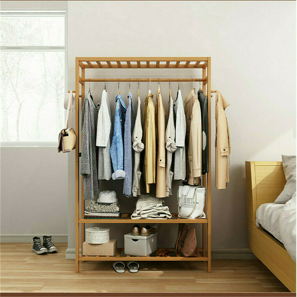 Strong Wooden Clothes Rail Scarf Cart Hanging Garment Coat Rack Rolling Stand