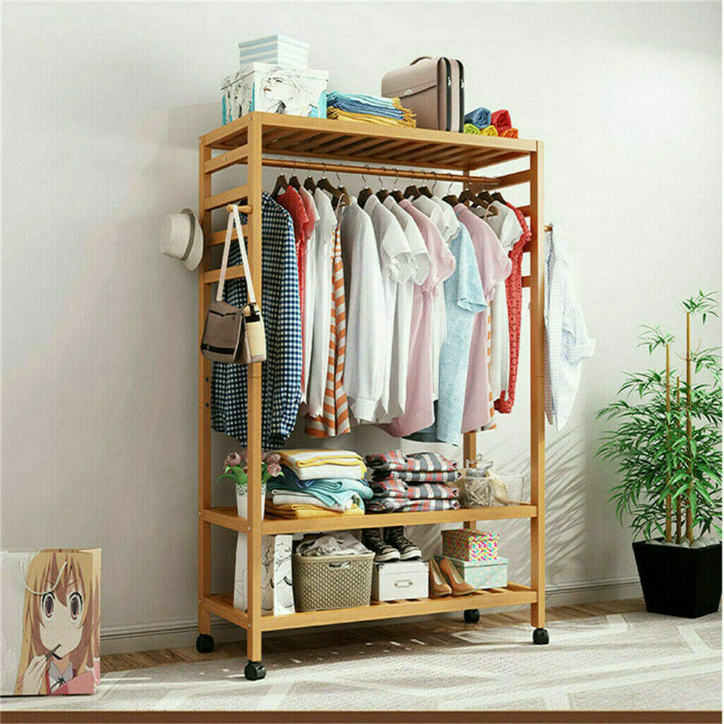 Strong Wooden Clothes Rail Scarf Cart Hanging Garment Coat Rack Rolling Stand