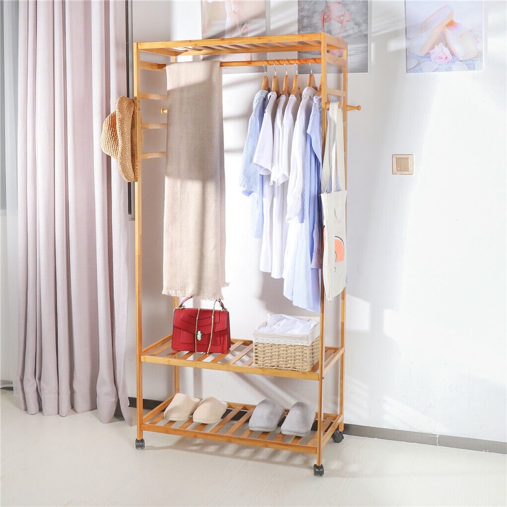 Strong Wooden Clothes Rail Scarf Cart Hanging Garment Coat Rack Rolling Stand