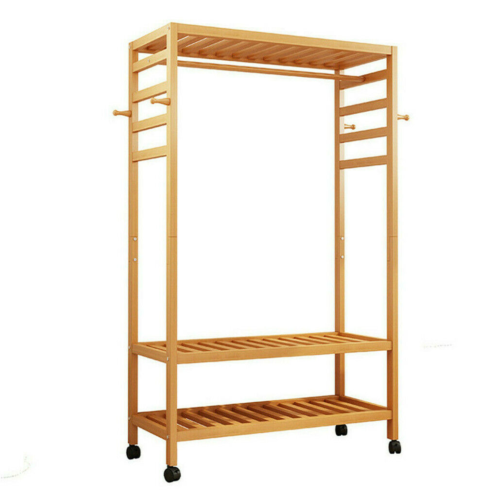 Strong Wooden Clothes Rail Scarf Cart Hanging Garment Coat Rack Rolling Stand