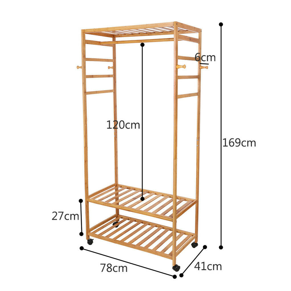 Strong Wooden Clothes Rail Scarf Cart Hanging Garment Coat Rack Rolling Stand