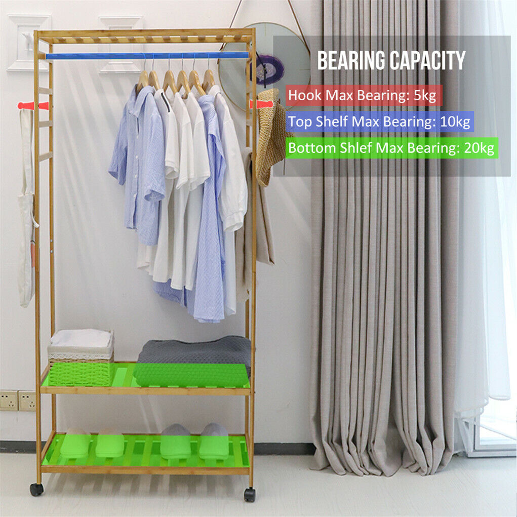 Strong Wooden Clothes Rail Scarf Cart Hanging Garment Coat Rack Rolling Stand