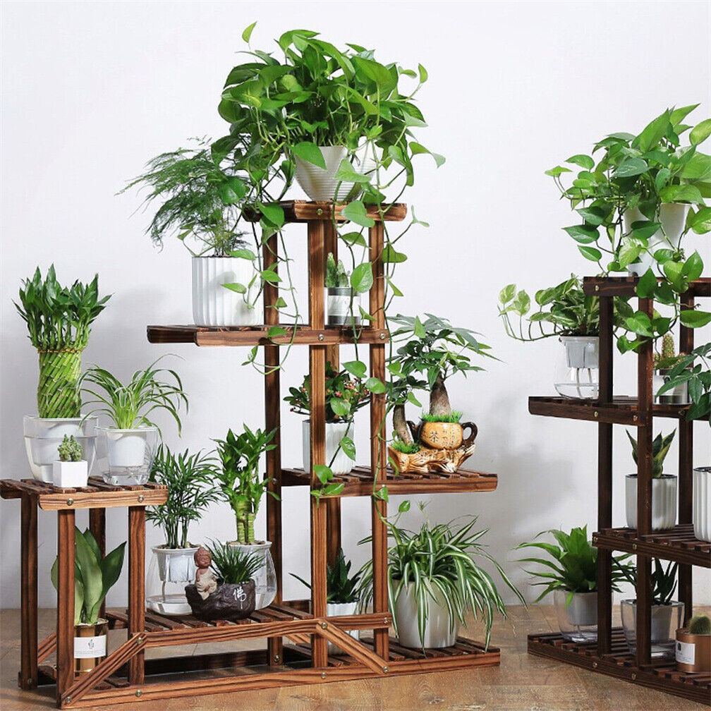 Rustic 6 Tier Wooden Step Plant Stand Shelf Flower Shelving Unit Outdoor Indoor