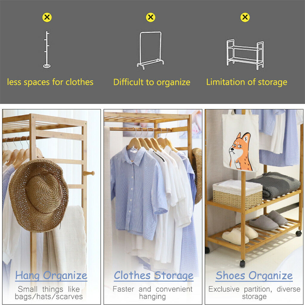 Strong Wooden Clothes Rail Scarf Cart Hanging Garment Coat Rack Rolling Stand