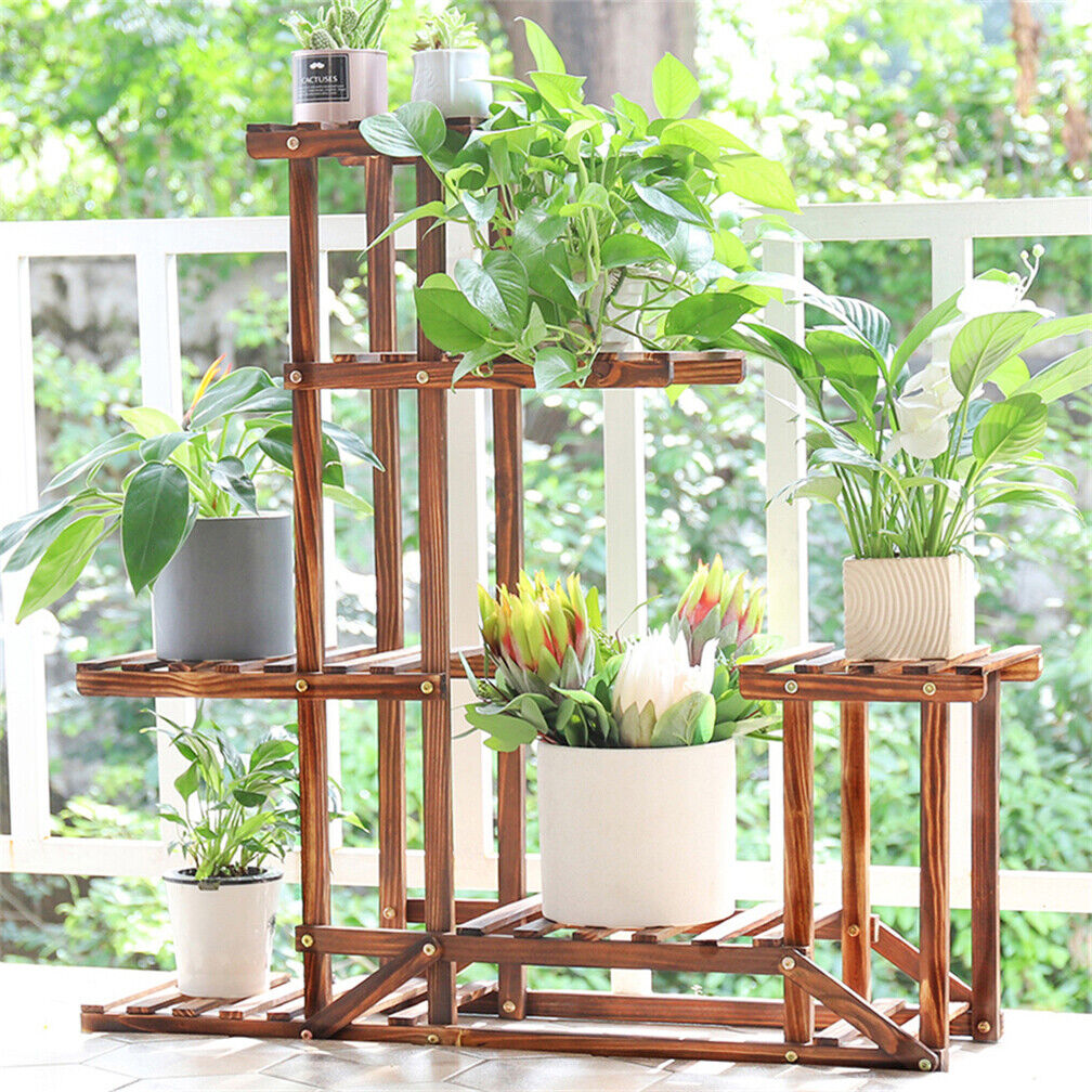 Rustic 6 Tier Wooden Step Plant Stand Shelf Flower Shelving Unit Outdoor Indoor