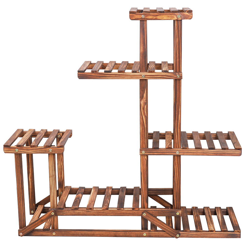 Rustic 6 Tier Wooden Step Plant Stand Shelf Flower Shelving Unit Outdoor Indoor