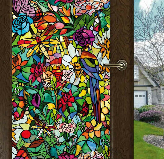 Flower Blossom Chapel Window Film Sticker Cling Stained Glass Decor UV Block DIY