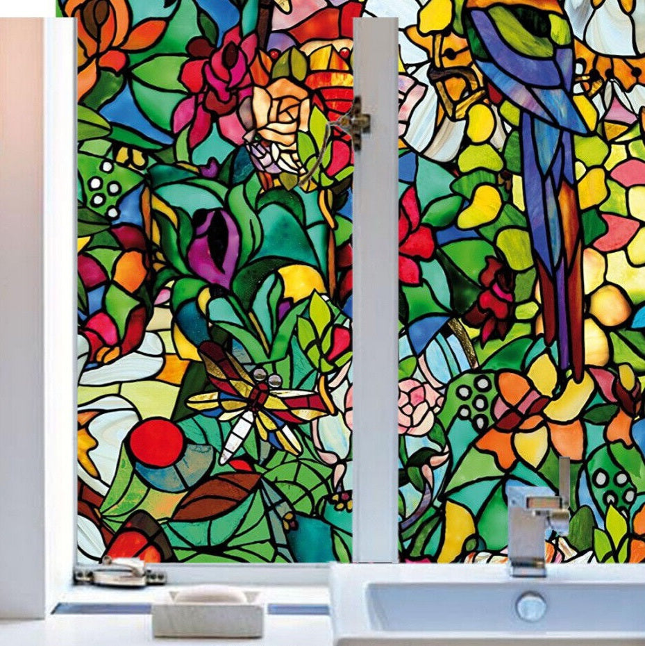 Flower Blossom Chapel Window Film Sticker Cling Stained Glass Decor UV Block DIY