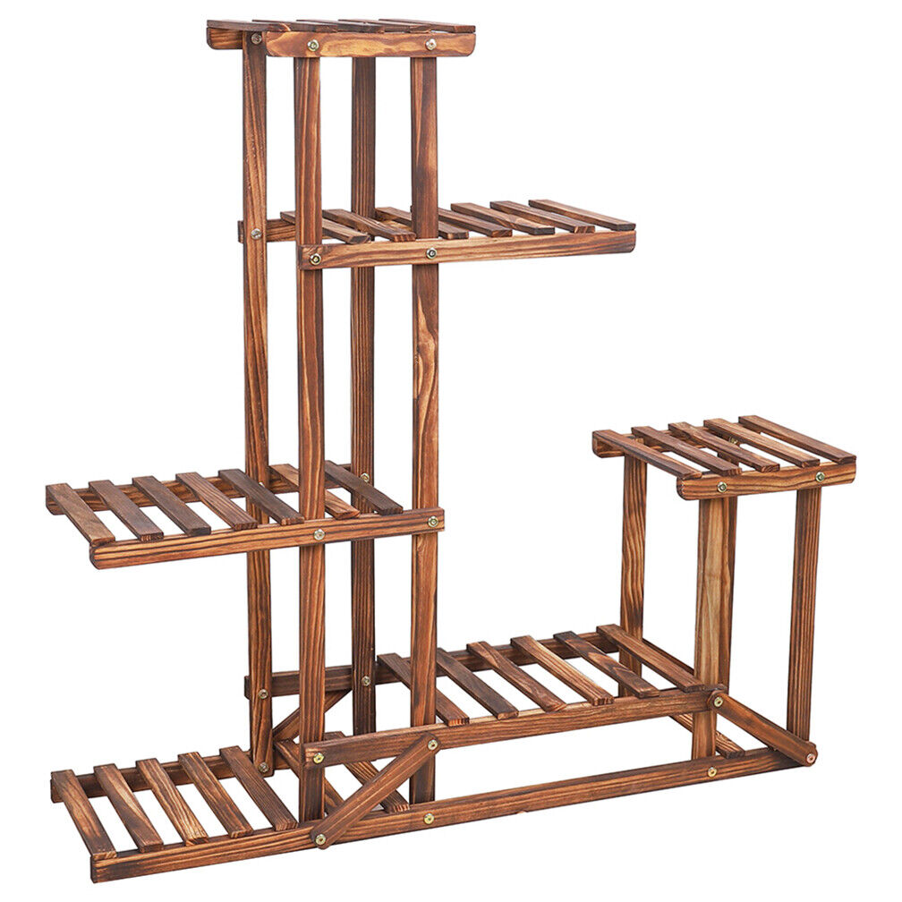 Rustic 6 Tier Wooden Step Plant Stand Shelf Flower Shelving Unit Outdoor Indoor