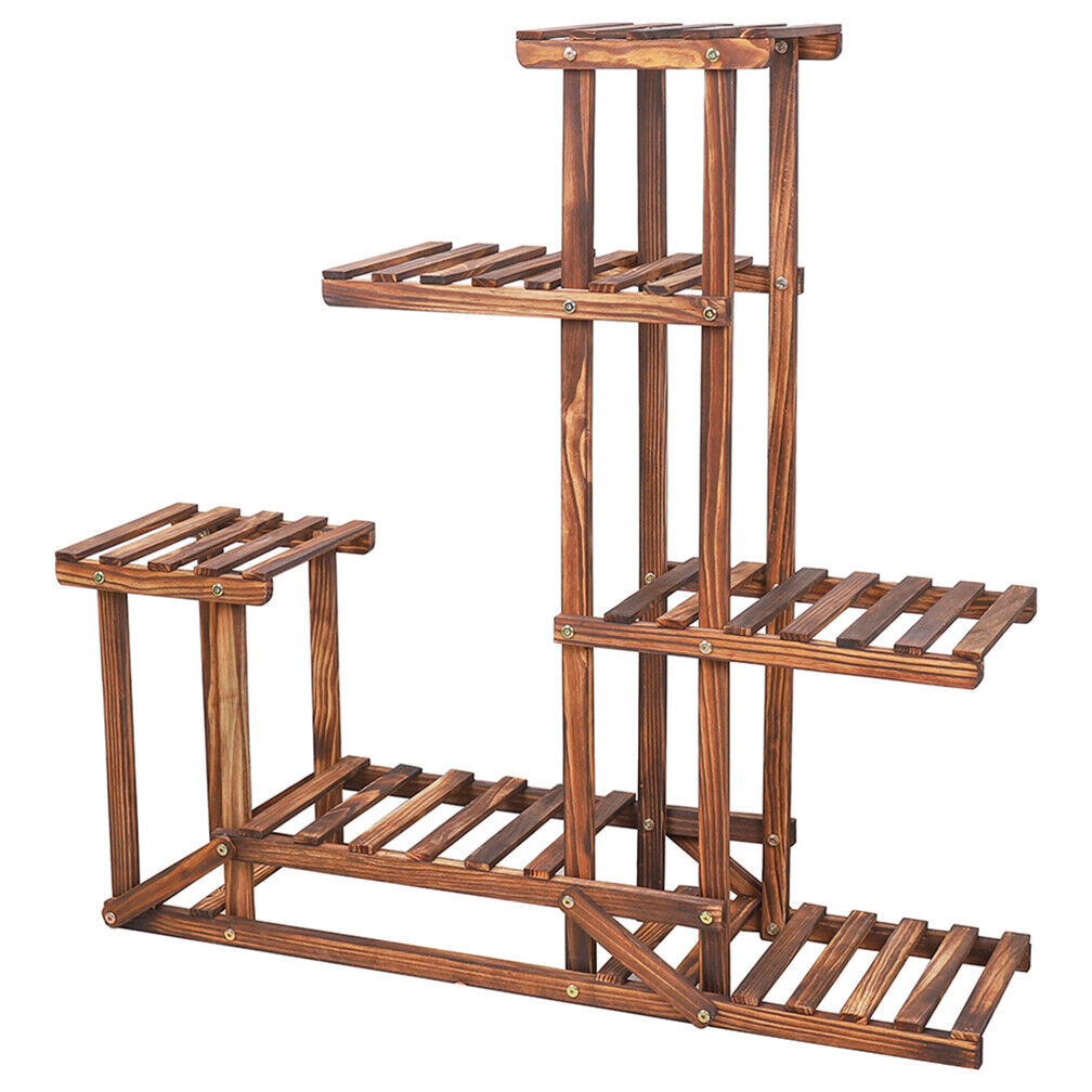 Rustic 6 Tier Wooden Step Plant Stand Shelf Flower Shelving Unit Outdoor Indoor