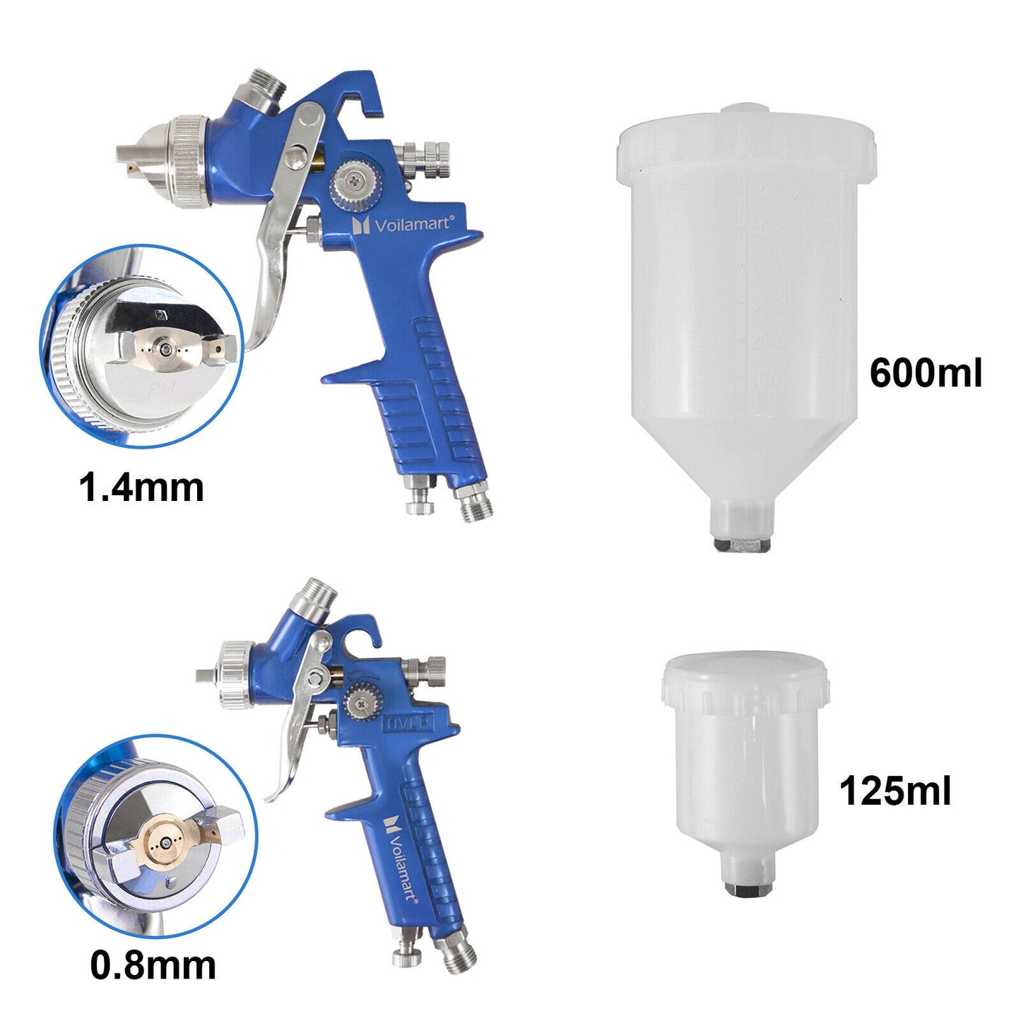 2X HVLP Air Spray Gun Kit 1.4mm 0.8mm Nozzle Set Paint Touch Up Gravity Feed