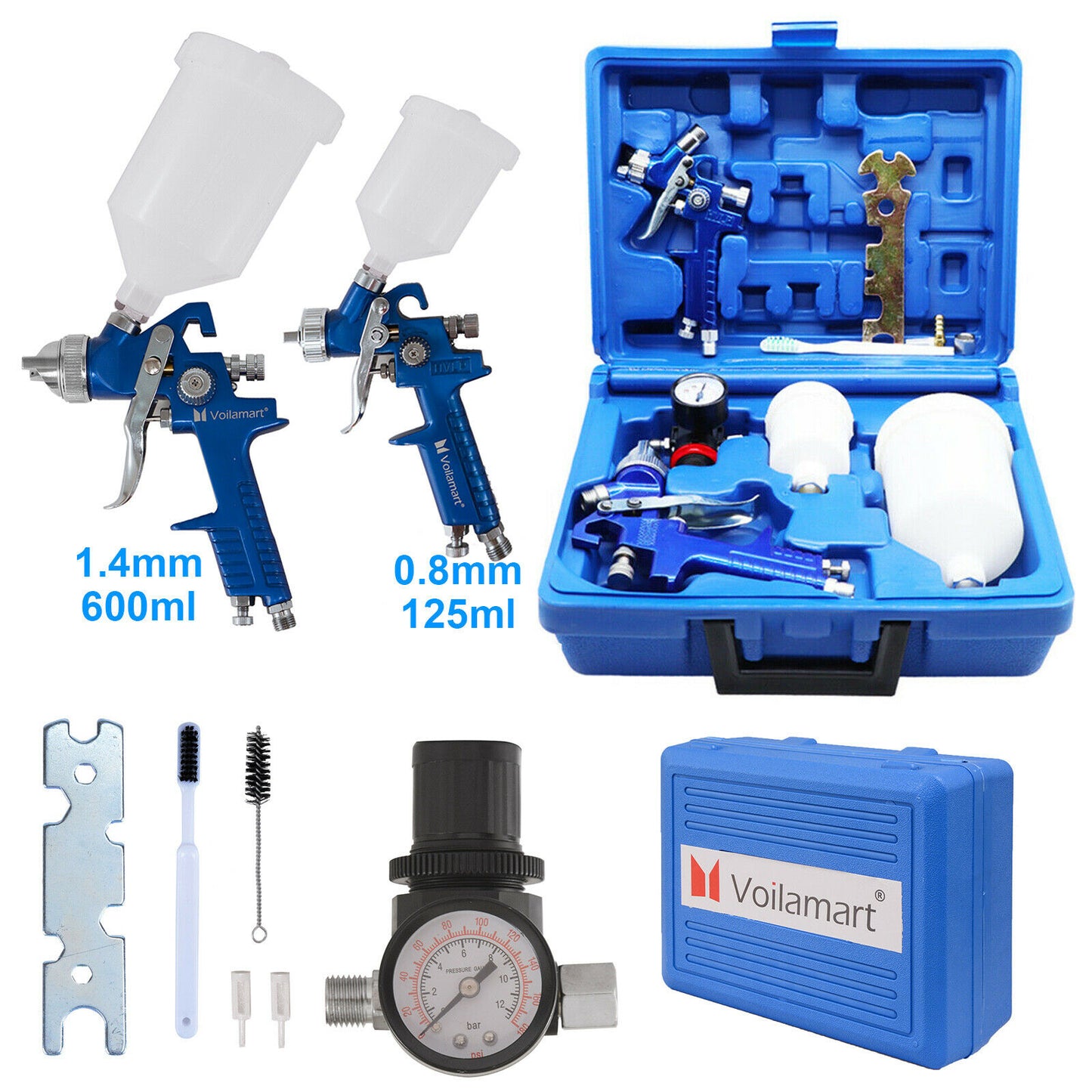 2X HVLP Air Spray Gun Kit 1.4mm 0.8mm Nozzle Set Paint Touch Up Gravity Feed