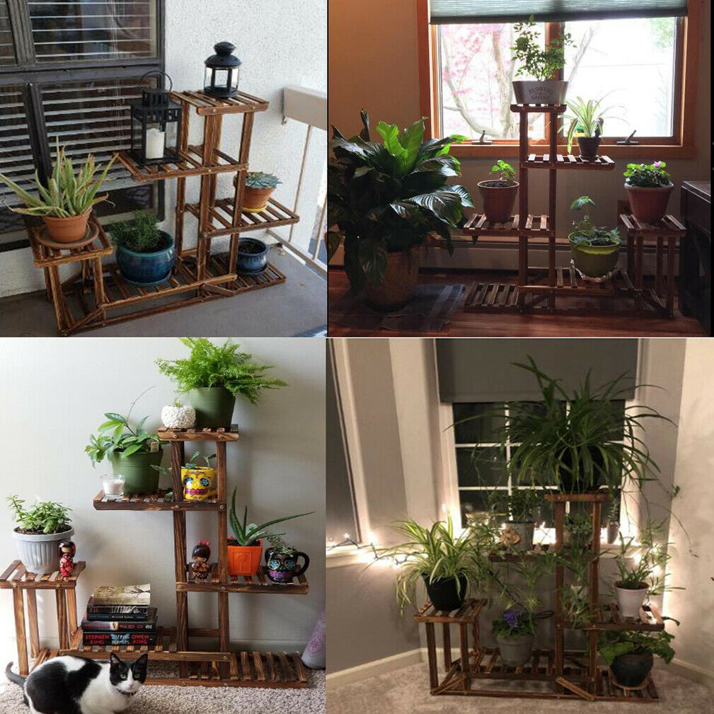 Rustic 6 Tier Wooden Step Plant Stand Shelf Flower Shelving Unit Outdoor Indoor