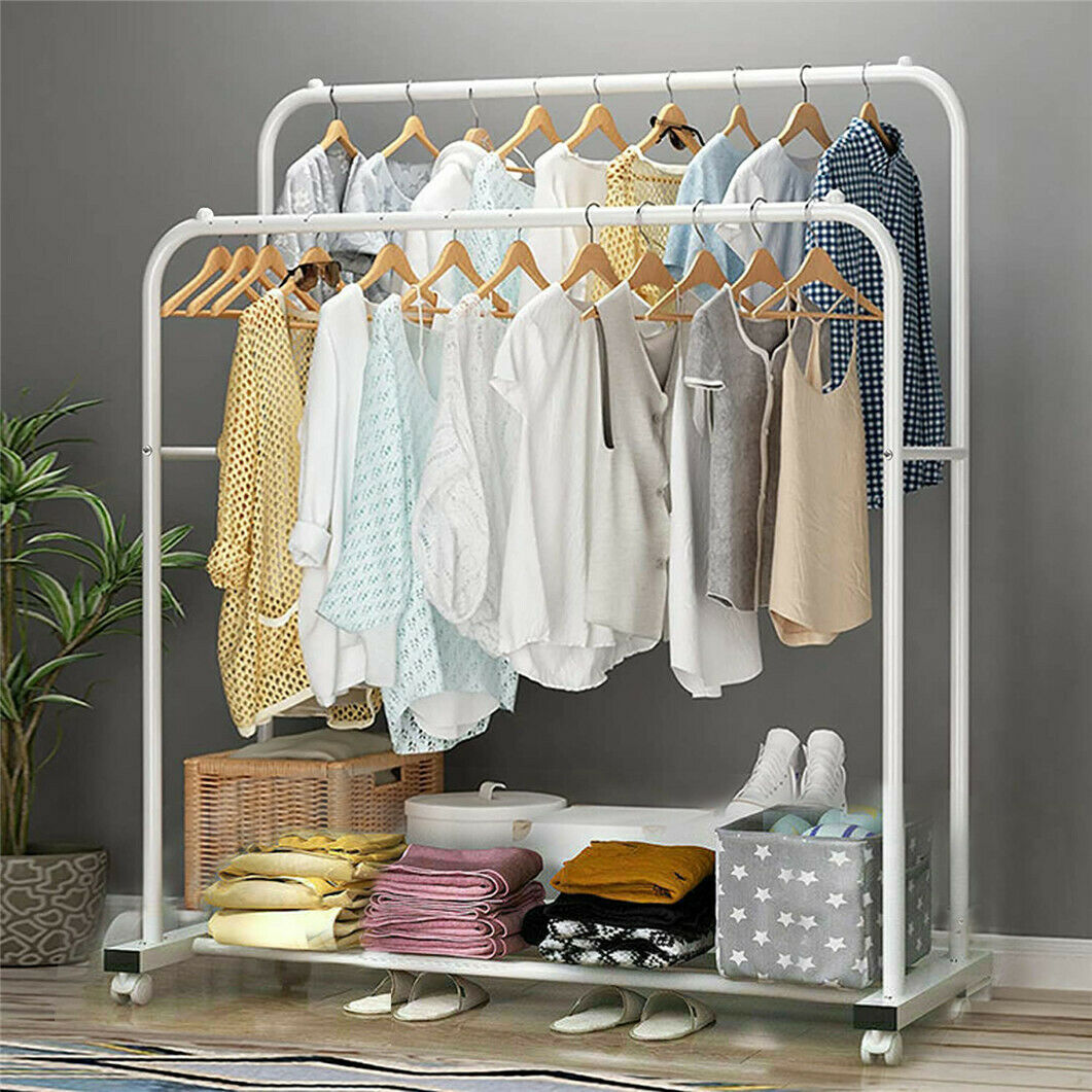 Double Rails Clothing Rack Rolling Bedroom Clothes Garment Coat Hang on Wheels