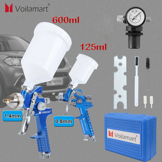 2X HVLP Air Spray Gun Kit 1.4mm 0.8mm Nozzle Set Paint Touch Up Gravity Feed