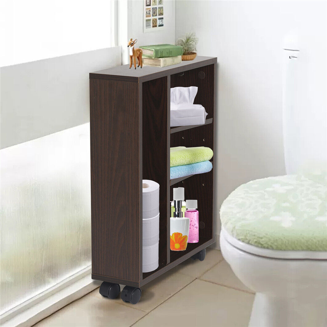 Adjustable Tier Narrow Solid Wood Rolling Cabinet Storage Cart Kitchen Bathroom