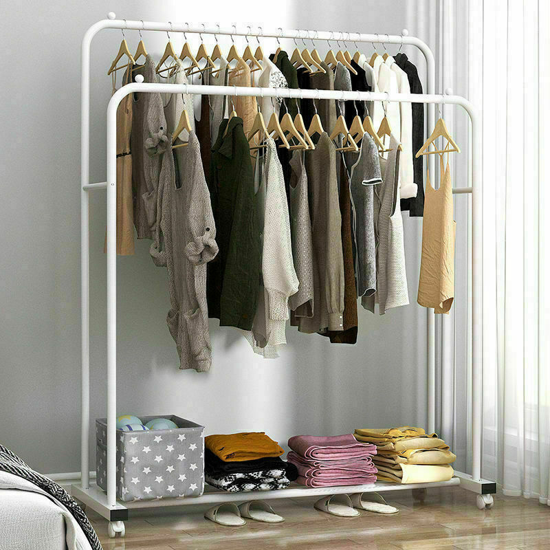 Double Rails Clothing Rack Rolling Bedroom Clothes Garment Coat Hang on Wheels